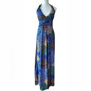 Cristina Love Halter Maxi Dress Boho Resort Wear Peacock Print Blue Green - XL